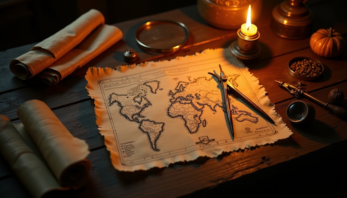 A cartographer's desk at night: an unfinished parchment map, brass dividers and a single candle